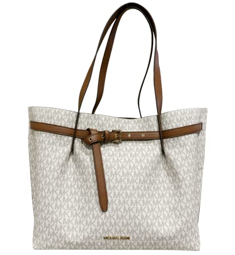 Michael Kors Emilia Large Triple Compartment Shoulder Bag Tote Vanilla MK Logo, Vanilla, Large