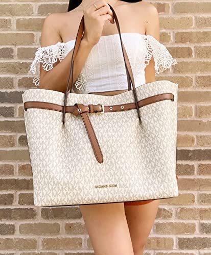 Michael Kors Emilia Large Triple Compartment Shoulder Bag Tote Vanilla MK Logo, Vanilla, Large