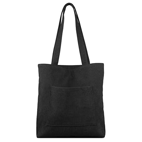 Black Corduroy Tote Bag with Zip, Large Capacity