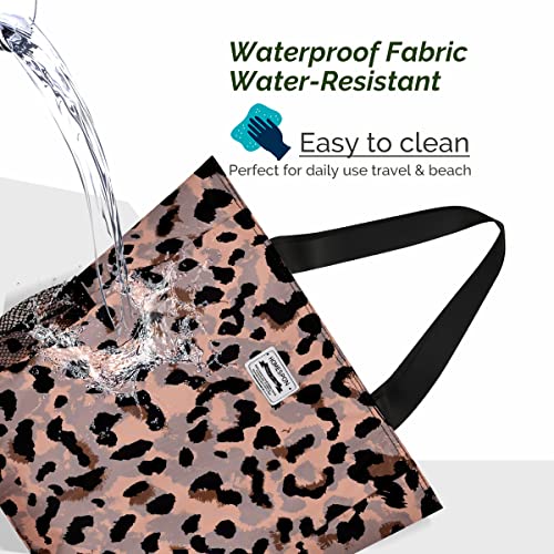 Leopard Print Designer Beach Bag with Zipper & Pockets