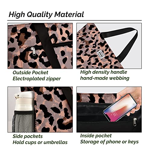 Leopard Print Designer Beach Bag with Zipper & Pockets