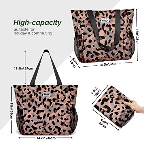 Leopard Print Designer Beach Bag with Zipper & Pockets