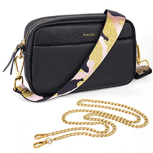 Black Genuine Leather Crossbody Bag with Wide Strap