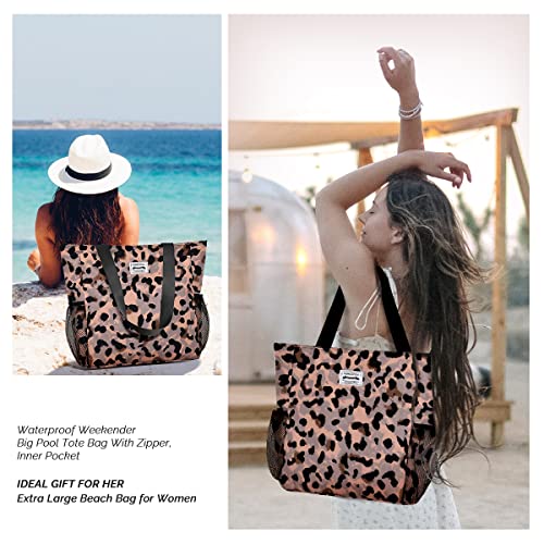 Leopard Print Designer Beach Bag with Zipper & Pockets