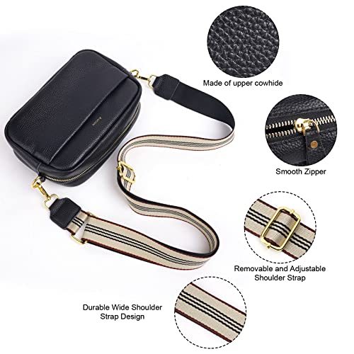 Black Genuine Leather Crossbody Bag with Wide Strap