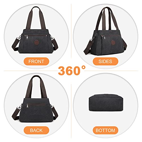 Black Canvas Hobo Shoulder Bag Vintage Top Handle