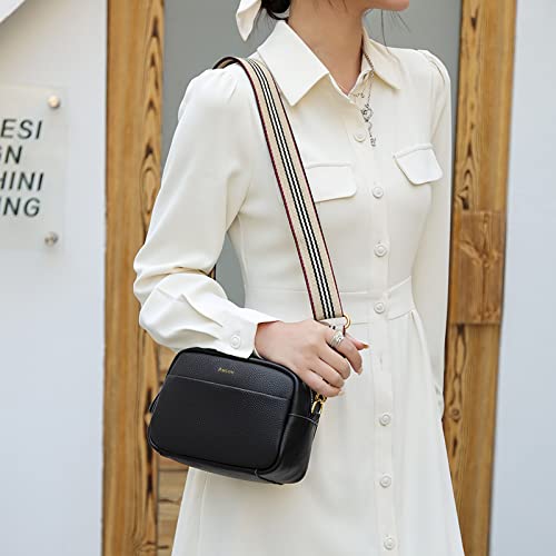 Black Genuine Leather Crossbody Bag with Wide Strap