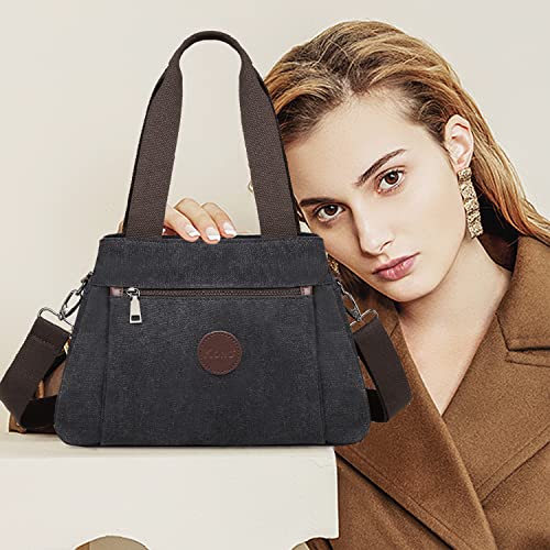 Black Canvas Hobo Shoulder Bag Vintage Top Handle