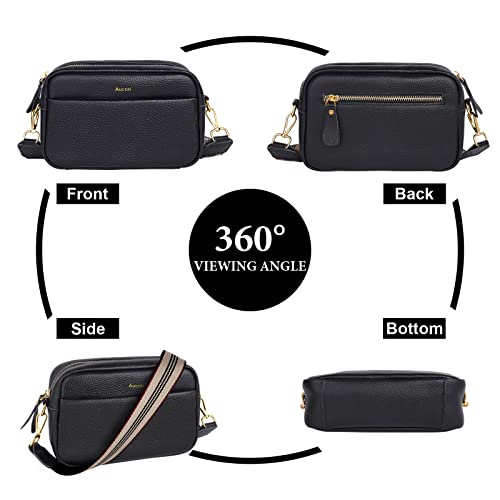 Black Genuine Leather Crossbody Bag with Wide Strap