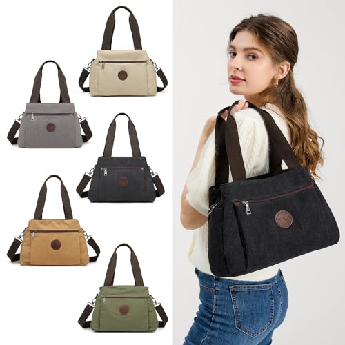 Black Canvas Hobo Shoulder Bag Vintage Top Handle