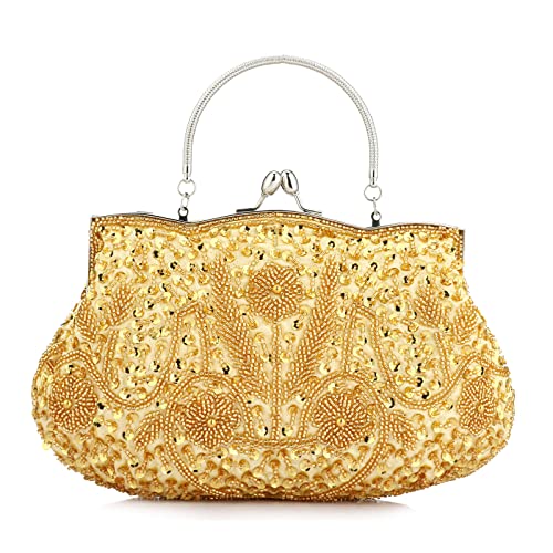 Antique Floral Seed Bead Sequin Clutch in Gold