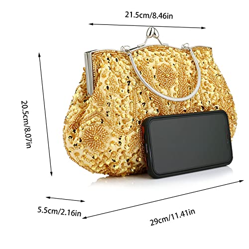 Antique Floral Seed Bead Sequin Clutch in Gold
