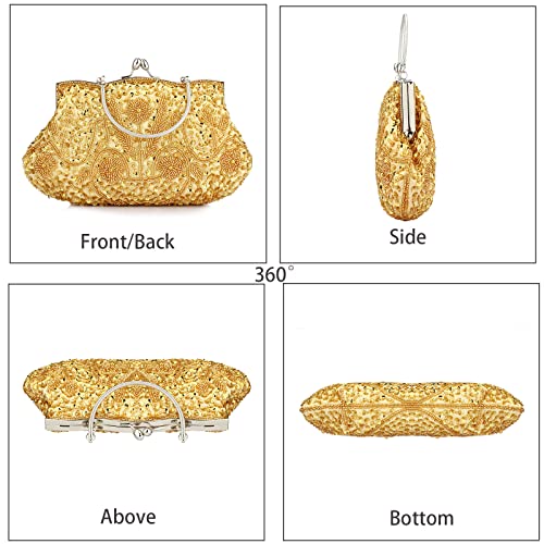 Antique Floral Seed Bead Sequin Clutch in Gold