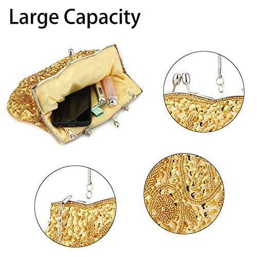 Antique Floral Seed Bead Sequin Clutch in Gold