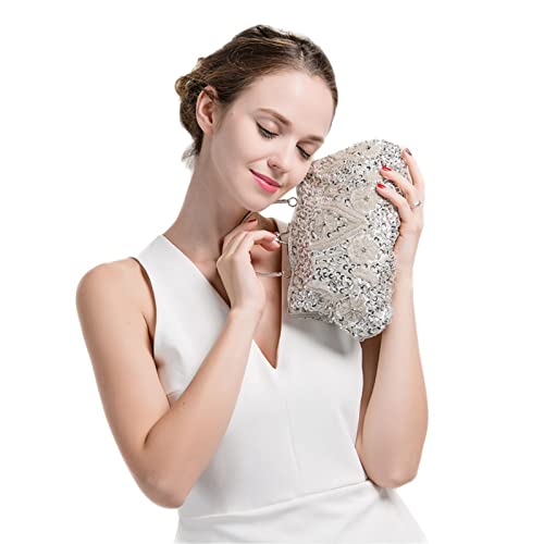 Antique Floral Seed Bead Sequin Clutch in Gold