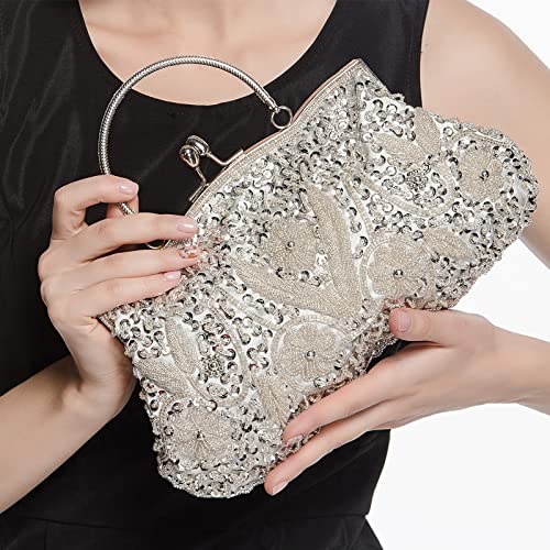 Antique Floral Seed Bead Sequin Clutch in Gold