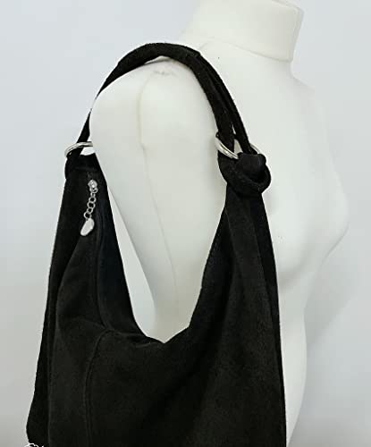 LeahWard Black Suede Leather Shoulder Bag Italian Handbag