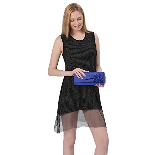 Royal Blue Floral Satin Evening Clutch Handbag