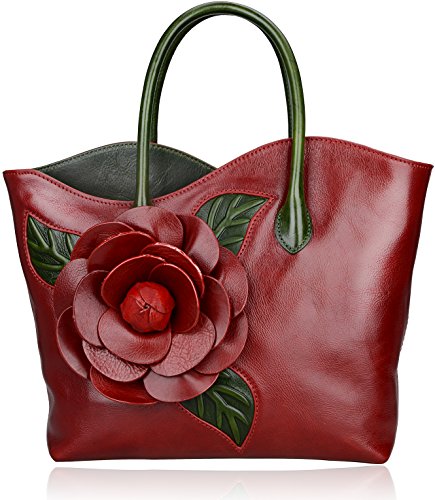 PIJUSHI Designer Flower Satchel in Red Leather Handbag