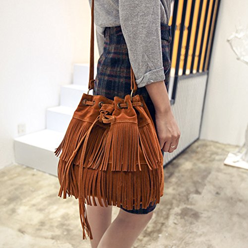 POHOVE Women Suede Fringe Shoulder Handbag - Brown