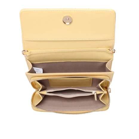 Small white designer handbag with three compartments and flap