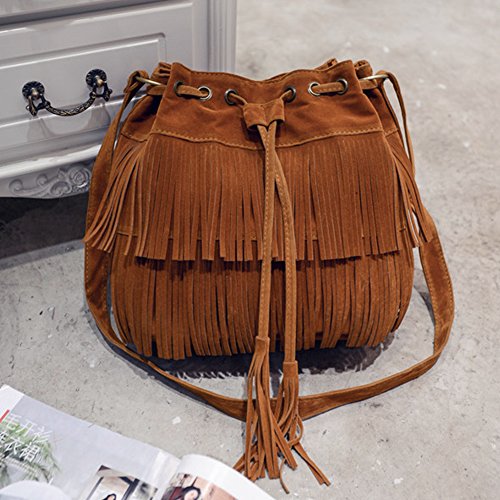 POHOVE Women Suede Fringe Shoulder Handbag - Brown