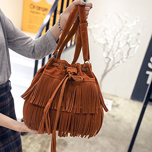 POHOVE Women Suede Fringe Shoulder Handbag - Brown