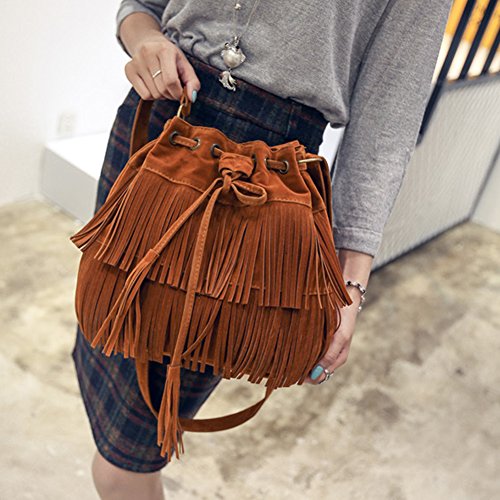 POHOVE Women Suede Fringe Shoulder Handbag - Brown