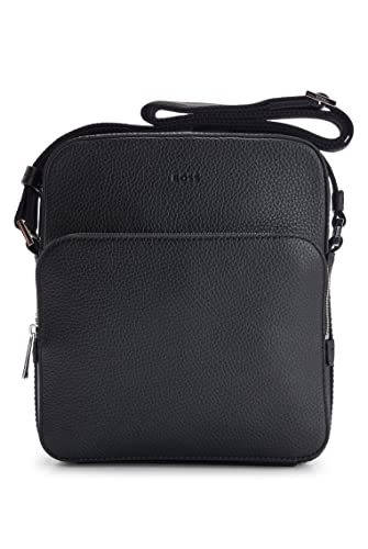 Black Italian Leather Boss Crosstown Reporter Bag with Logo