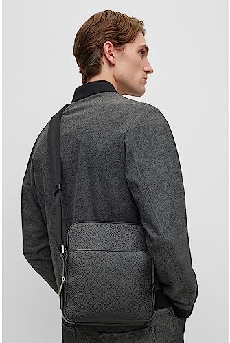 Black Italian Leather Boss Crosstown Reporter Bag with Logo