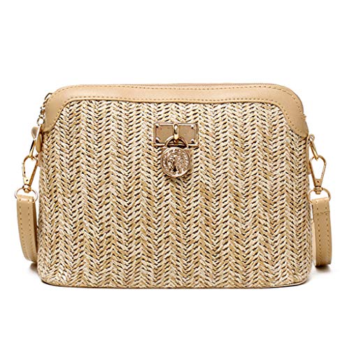 Beige Woven Straw Crossbody Tote - Designer Handbag