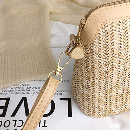Beige Woven Straw Crossbody Tote - Designer Handbag