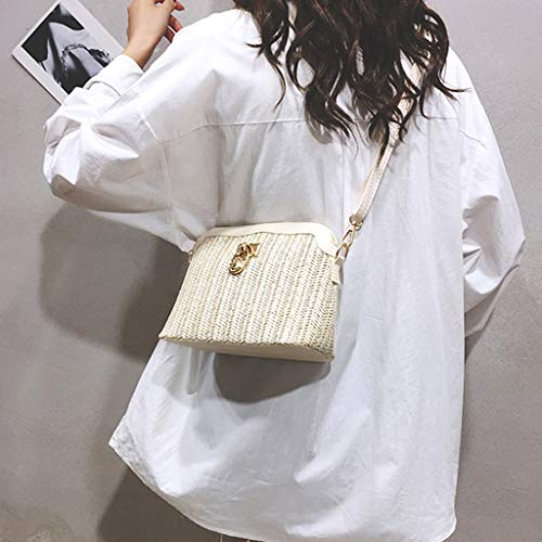 Beige Woven Straw Crossbody Tote - Designer Handbag