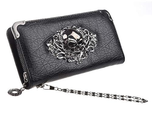 Black Skull Long Leather Wallet with Credit Card Slots