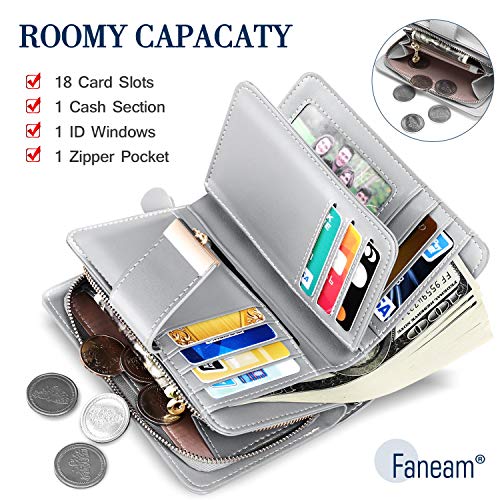 Faneam RFID Blocking Leather Wallet for Women, Gray