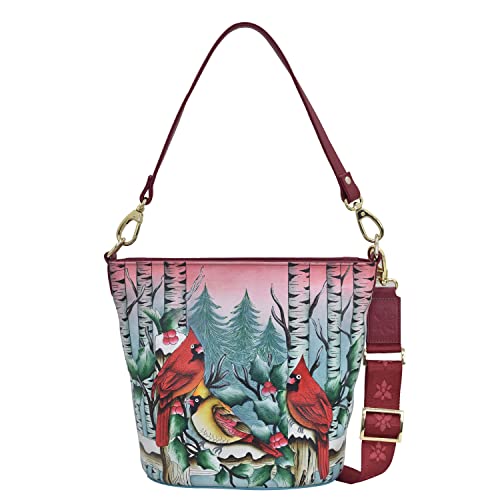 Anuschka Genuine Leather Tall Bucket Hobo - Snowy Cardinal