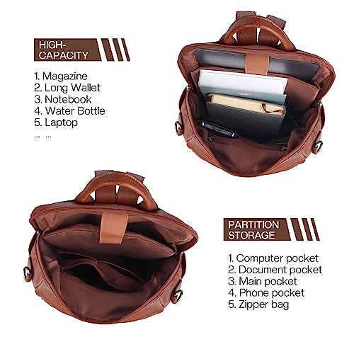 ECOTISH Women Waterproof Brown PU Leather Laptop Backpack