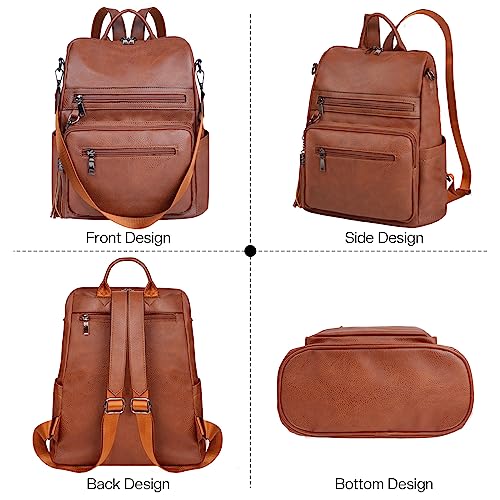 ECOTISH Women Waterproof Brown PU Leather Laptop Backpack