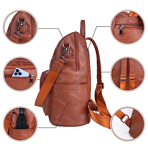 ECOTISH Women Waterproof Brown PU Leather Laptop Backpack