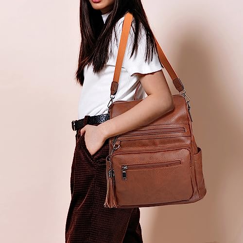 ECOTISH Women Waterproof Brown PU Leather Laptop Backpack