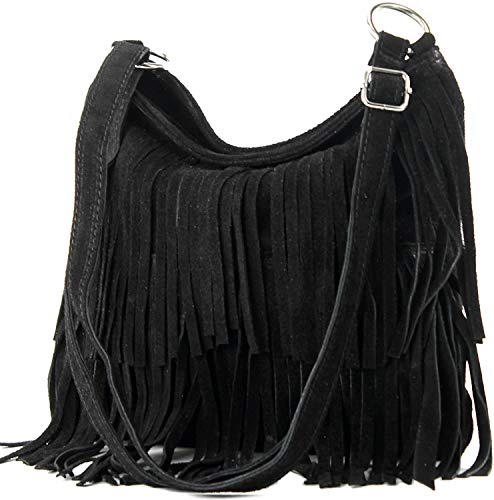 Italian Suede Leather Fringe Tassel Shoulder Handbag - Black