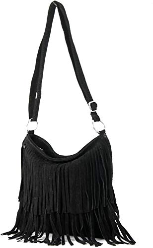 Italian Suede Leather Fringe Tassel Shoulder Handbag - Black