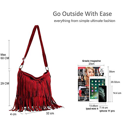 Italian Suede Leather Fringe Tassel Shoulder Handbag - Black