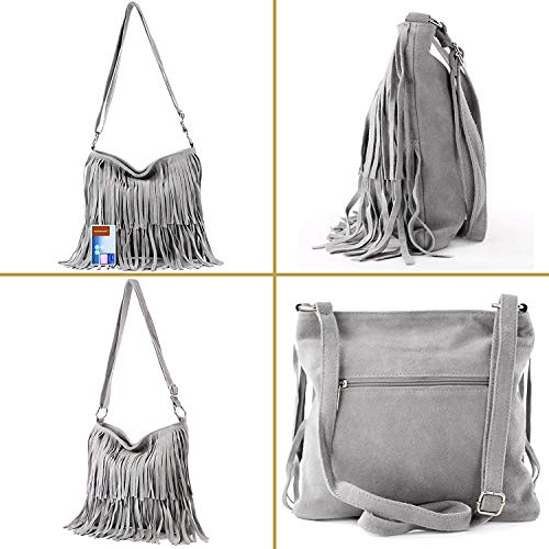 Italian Suede Leather Fringe Tassel Shoulder Handbag - Black
