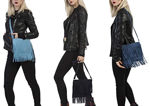 Italian Suede Leather Fringe Tassel Shoulder Handbag - Black