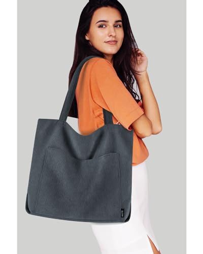 Grey Prite Corduroy Tote Bag - Women's Chic Shoulder Carry