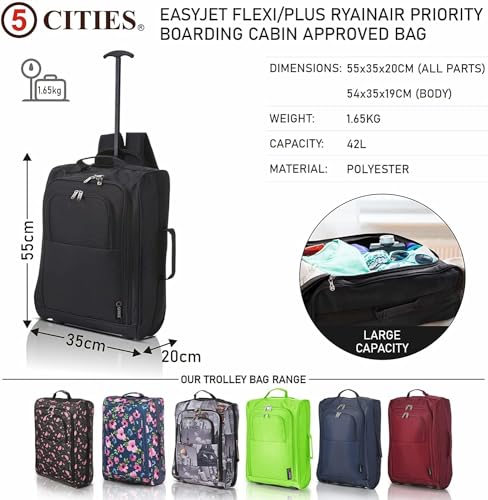 5 Cities Black Cabin Trolley Backpack Hand Luggage