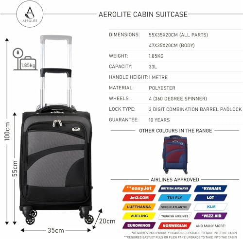 Aerolite Lightweight Black Spinner Luggage Trolley Case