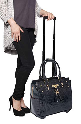 Stylish Patent Alligator Rolling Tote Bag for Tech Gadgets