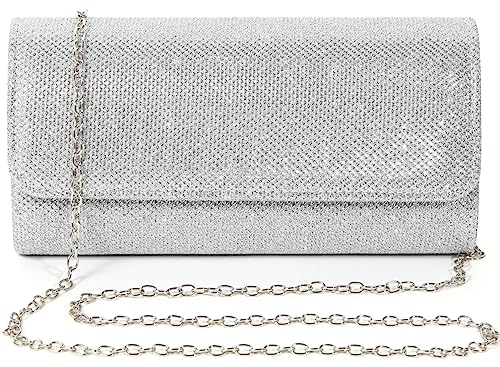 Velvet Clutch Handbag with Detachable Chain Strap (Silver)